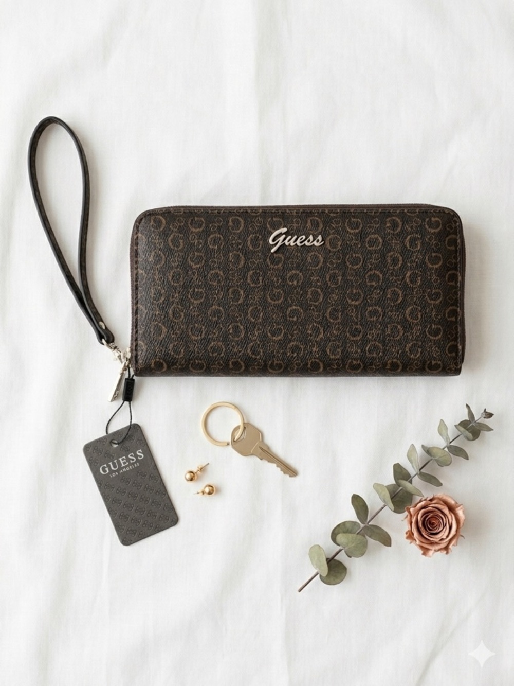NWT Guess Logo Monogram Zip Around Wristlet Wallet Brown